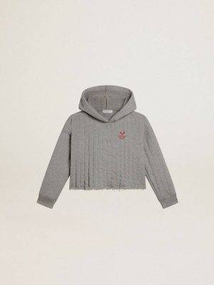 Topwear Selection (4-12 Years) Girls' Cropped Sweatshirt In Gray Melange With A Hood And Embroidery On The Front Kids Golden Goose Gray Melange - 1