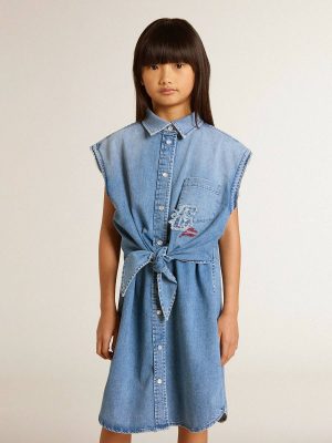 Topwear Selection (4-12 Years) Golden Goose Denim Kids Girls' Denim Dress With Front Knot And Embroidery - 1