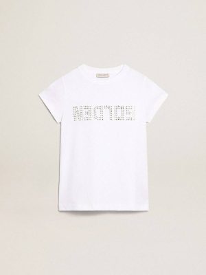 Topwear Selection (4-12 Years) White T-Shirt With Central Golden Lettering In Crystals White Kids Golden Goose - 1