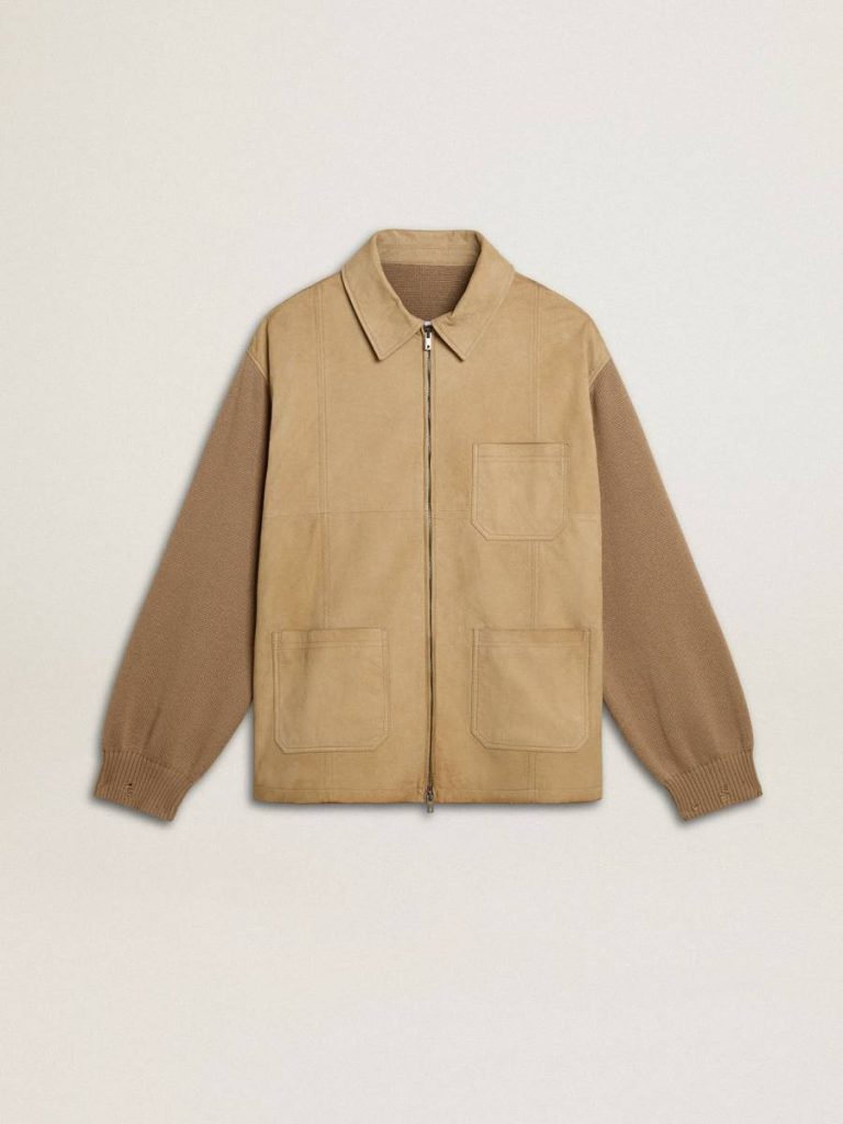 Travertine Men Men's Jacket In Travertine-Colored Nubuck Leather With Wool-Blend Sleeves And Back Coats & Jackets Golden Goose - 1