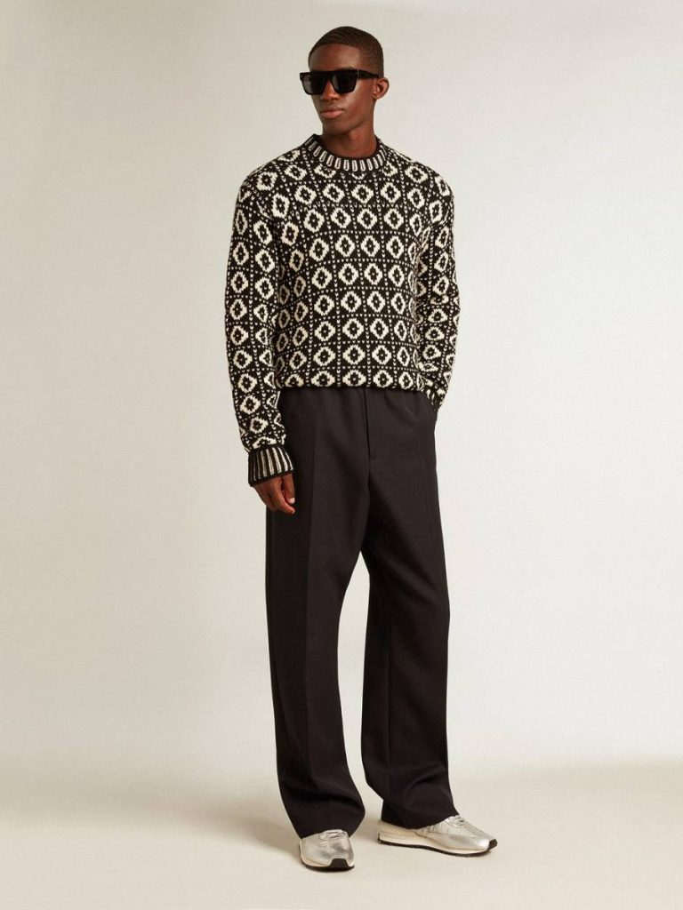 Vintage White And Black Men Knitwear Round-Neck Sweater With Geometric Pattern In Vintage White And Black Golden Goose - 3