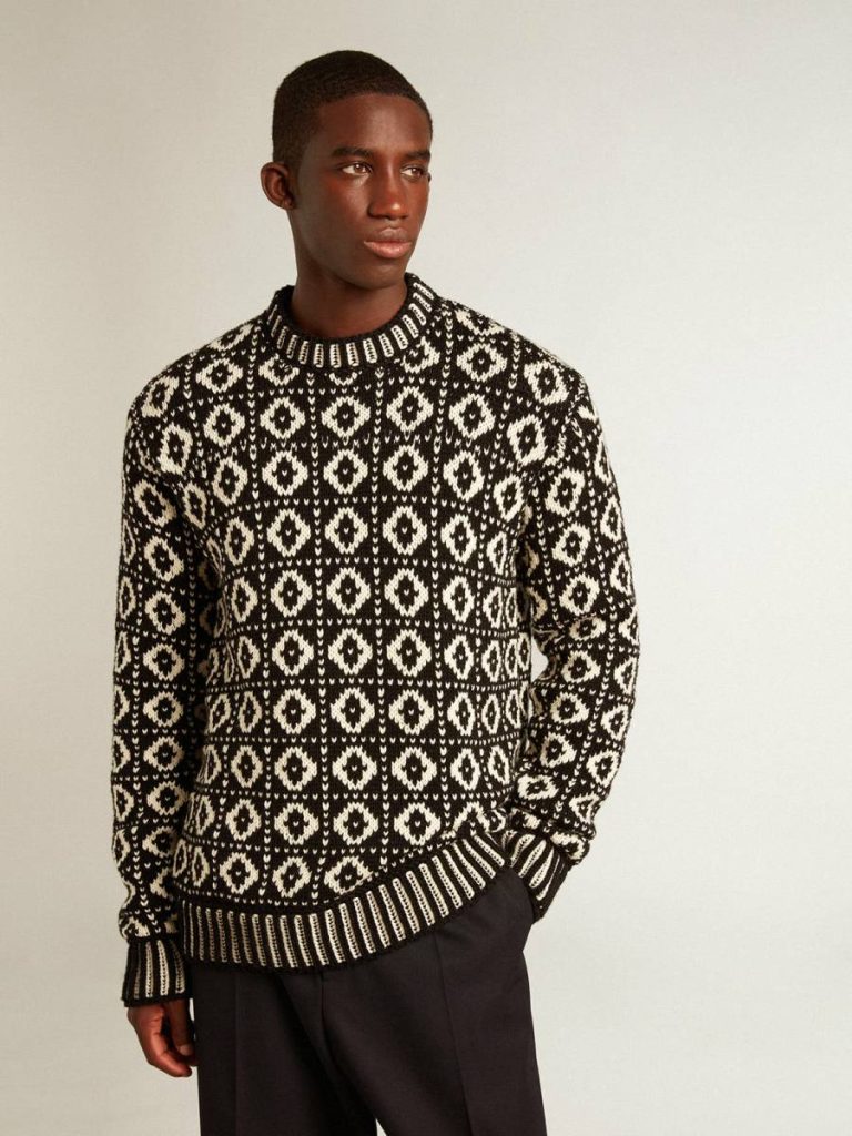 Vintage White And Black Men Knitwear Round-Neck Sweater With Geometric Pattern In Vintage White And Black Golden Goose - 5