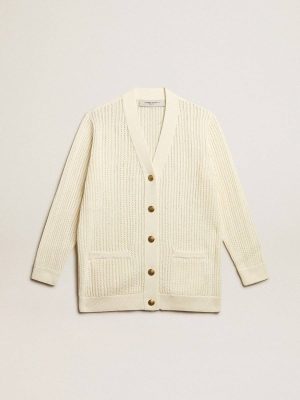 Vintage White-Colored Openwork Cotton Cardigan Women Golden Goose Vintage White Knitwear - 1