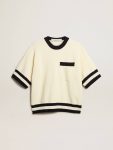Vintage White Golden Goose Women Knitwear Women's Short-Sleeved Sweater In Vintage White With Blue Rib Knit - 1