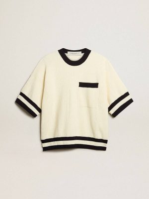 Vintage White Golden Goose Women Knitwear Women's Short-Sleeved Sweater In Vintage White With Blue Rib Knit - 1