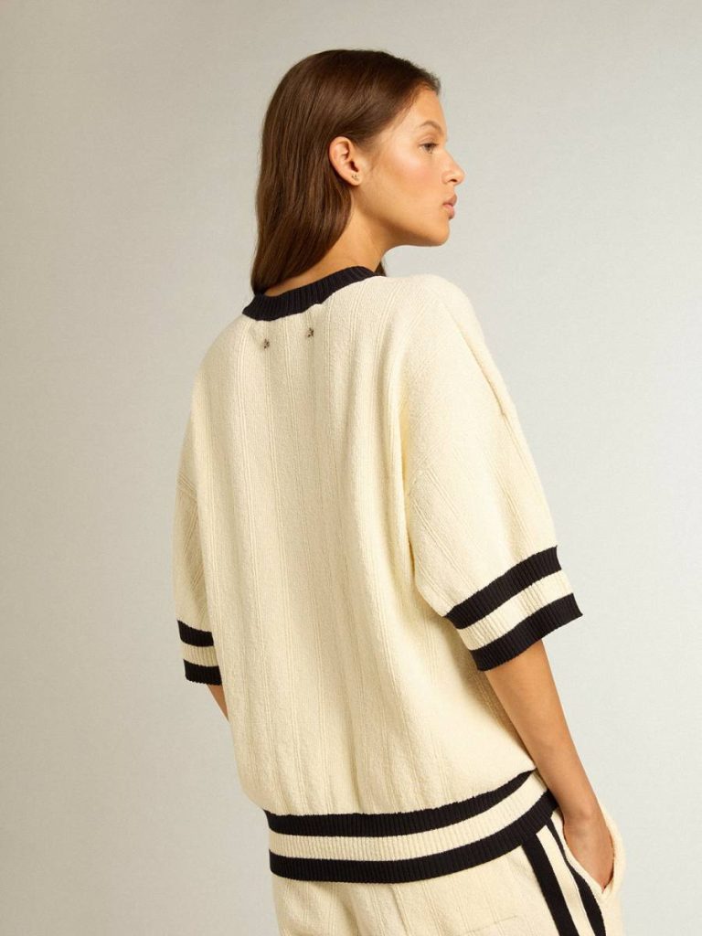 Vintage White Golden Goose Women Knitwear Women's Short-Sleeved Sweater In Vintage White With Blue Rib Knit - 4
