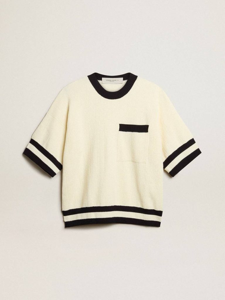 Vintage White Golden Goose Women Knitwear Women's Short-Sleeved Sweater In Vintage White With Blue Rib Knit - 1