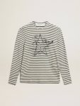 White And Blue Men Golden Goose Men's T-Shirt With White And Blue Stripes And Embroidery On The Front T-Shirts & Polo Shirts - 1