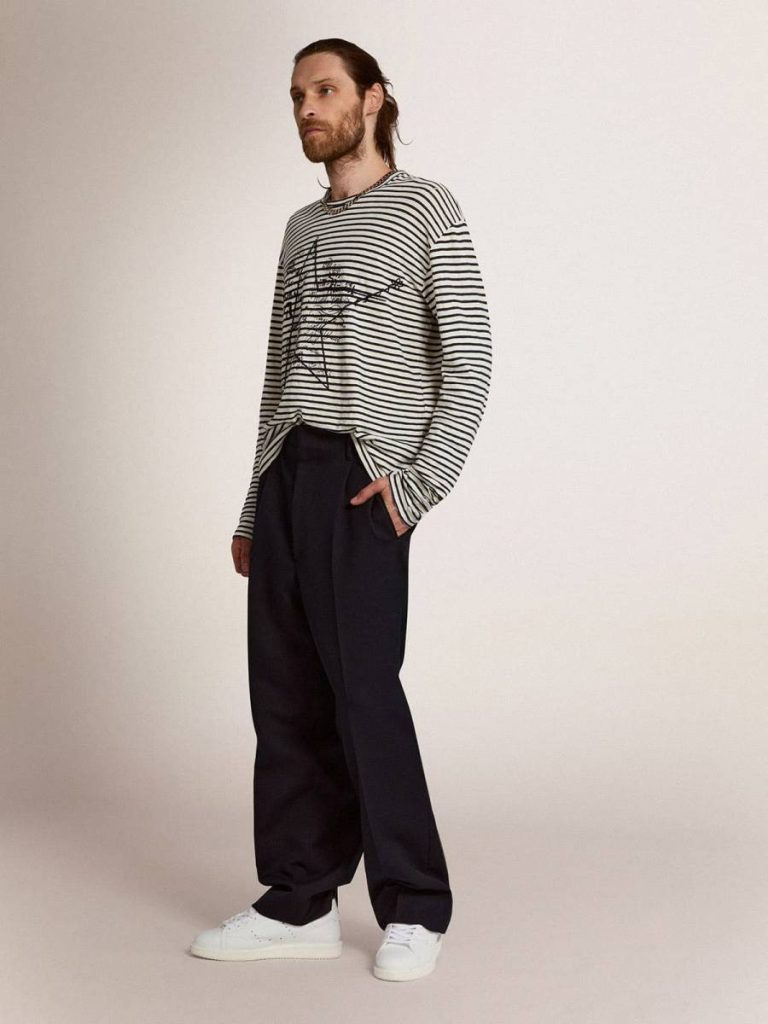 White And Blue Men Golden Goose Men's T-Shirt With White And Blue Stripes And Embroidery On The Front T-Shirts & Polo Shirts - 3