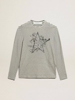 White And Blue Men Golden Goose Men's T-Shirt With White And Blue Stripes And Embroidery On The Front T-Shirts & Polo Shirts - 1