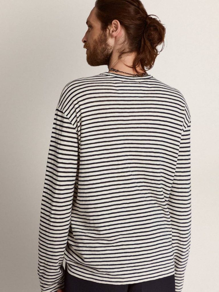 White And Blue Men Golden Goose Men's T-Shirt With White And Blue Stripes And Embroidery On The Front T-Shirts & Polo Shirts - 4
