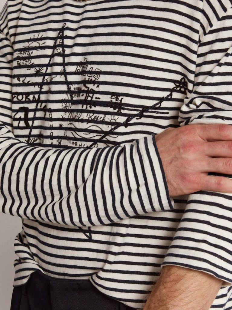 White And Blue Men Golden Goose Men's T-Shirt With White And Blue Stripes And Embroidery On The Front T-Shirts & Polo Shirts - 5