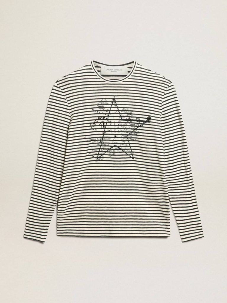 White And Blue Men Golden Goose Men's T-Shirt With White And Blue Stripes And Embroidery On The Front T-Shirts & Polo Shirts - 1