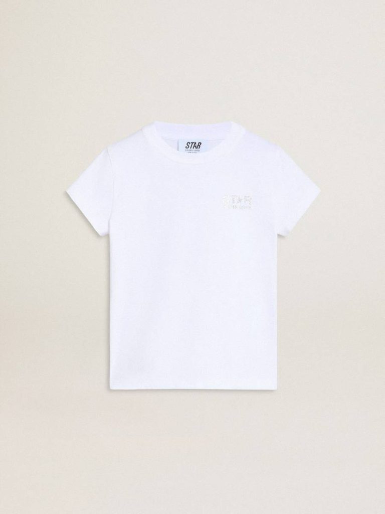 White And Silver T-Shirt With Logo And Maxi Star In Silver Glitter Topwear Selection (4-12 Years) Kids White Golden Goose - 1