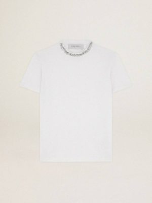 White Golden Goose T-Shirts & Tops Women Women's White T-Shirt With Cabochon Crystals - 1