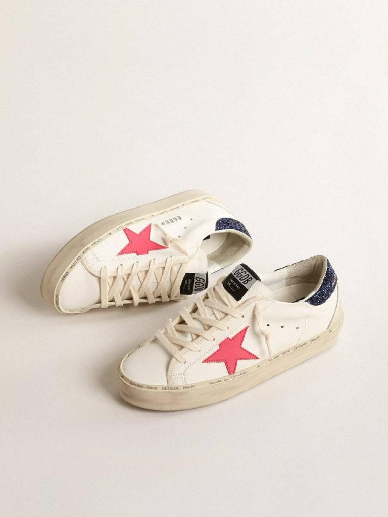 White Golden Goose Women Hi Star With Fuchsia Leather Star And Blue Glitter Heel Tab Hi Star - 2