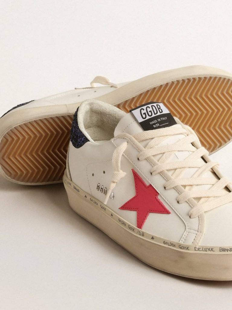 White Golden Goose Women Hi Star With Fuchsia Leather Star And Blue Glitter Heel Tab Hi Star - 3