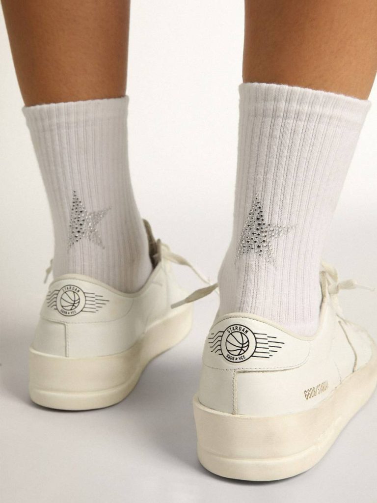White Women White Socks With Crystal Star On The Back Golden Goose Socks - 3