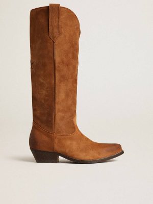Wish Star Boots In Cognac Suede With Tone-On-Tone Inlay Star Golden Goose Boots Women - 1