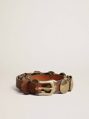 Women Aged Tan Belts Trinidad Belt In Aged Tan-Colored Leather With Golden Maxi Studs Golden Goose - 1