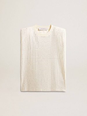Women Aged White Sleeveless T-Shirt Embellished With Crystals T-Shirts & Tops Aged White Golden Goose - 1