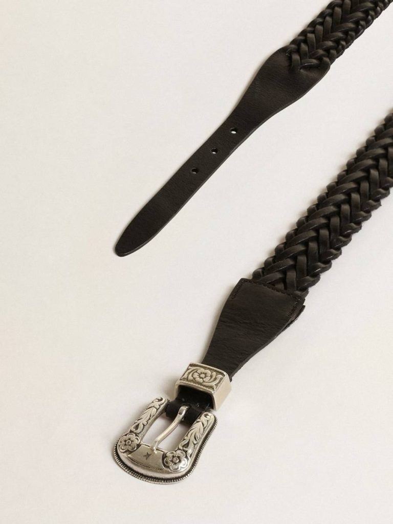 Women Black Belt In Black Braided Leather With Silver Color Buckle Golden Goose Belts - 2