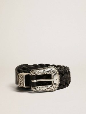 Women Black Belt In Black Braided Leather With Silver Color Buckle Golden Goose Belts - 1