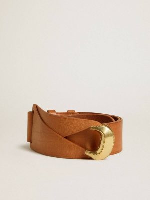 Women Brown Golden Goose Brown Leather Belt With Semi-Circular Gold Buckle Belts - 1