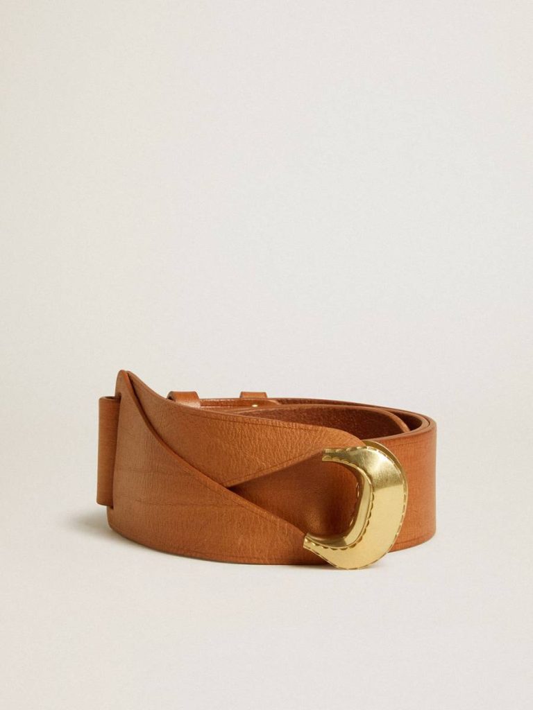 Women Brown Golden Goose Brown Leather Belt With Semi-Circular Gold Buckle Belts - 1