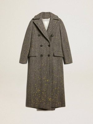 Women Coats & Jackets Women's Long Herringbone Coat With Yellow Details Anthracite Gray Golden Goose - 1