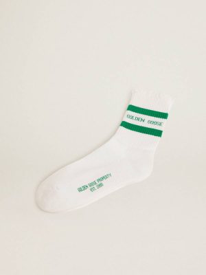 Women Cotton Socks With Distressed Finishes, Green Stripes And Logo Golden Goose Socks - 1