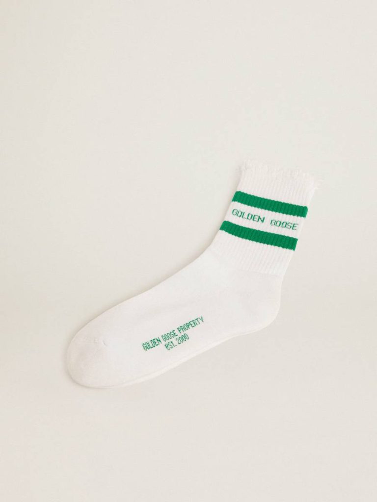 Women Cotton Socks With Distressed Finishes, Green Stripes And Logo Golden Goose Socks - 1