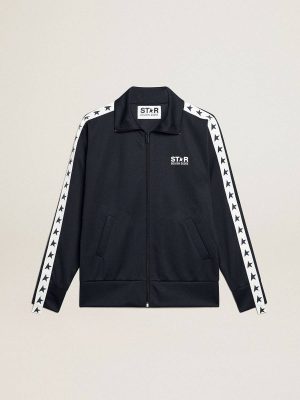 Women Dark Blue Zipped Sweatshirt With White Strip And Contrasting Stars Sweatshirts Dark Blue Golden Goose - 1
