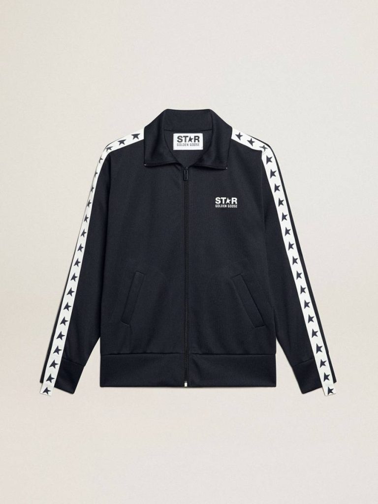 Women Dark Blue Zipped Sweatshirt With White Strip And Contrasting Stars Sweatshirts Dark Blue Golden Goose - 1