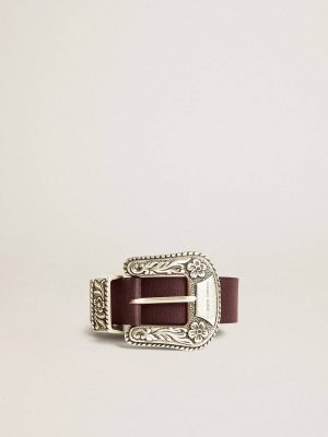 Women Golden Goose Belts Women’s Belt In Burgundy Leather With Decorated Silver Buckle Burgundy - 1