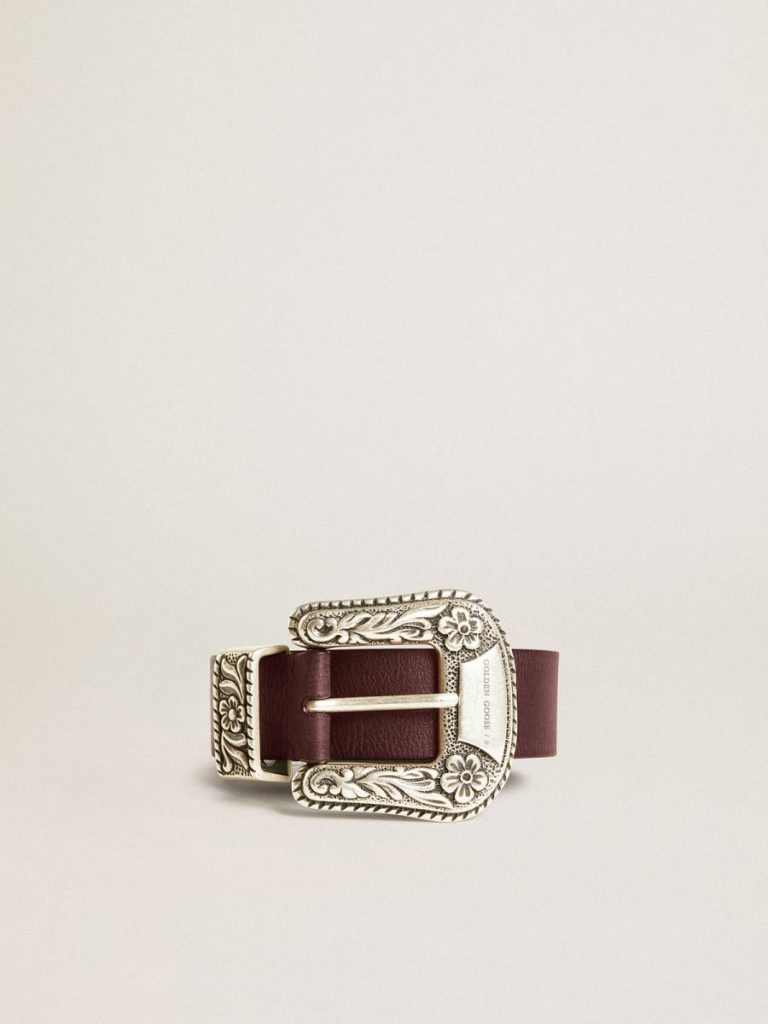 Women Golden Goose Belts Women’s Belt In Burgundy Leather With Decorated Silver Buckle Burgundy - 1