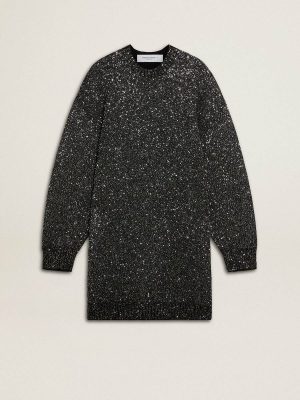 Women Golden Goose Dresses & Jumpsuits Black Women's Black Crew Neck Dress With All-Over Silver Sequins - 1
