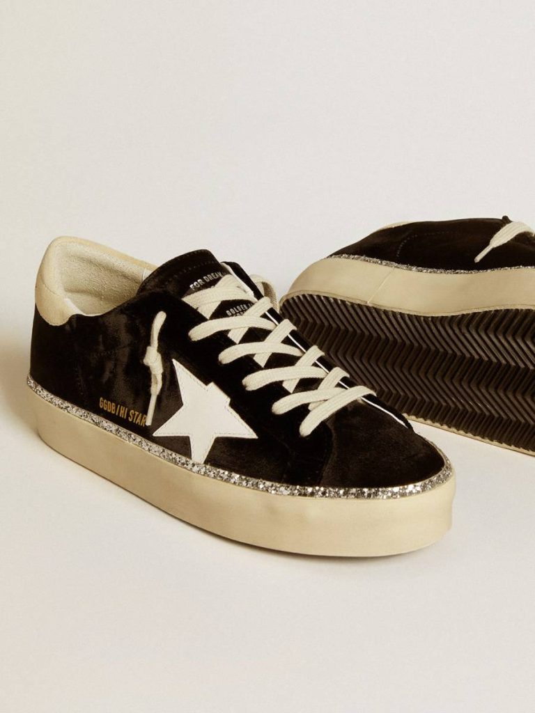 Women Golden Goose Hi Star Hi Star In Black Velvet With White Leather Star And Suede Heel Tab - 3