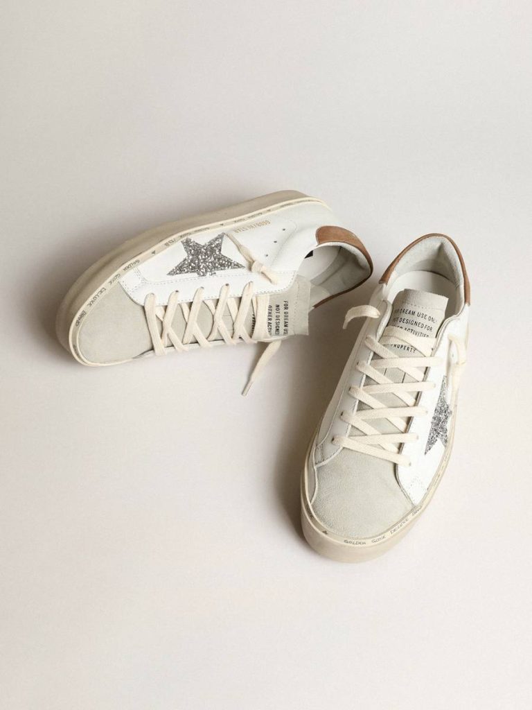 Women Golden Goose Hi Star White Women’s Hi Star With Silver Glitter Star And Dove-Gray Nubuck Heel Tab - 2
