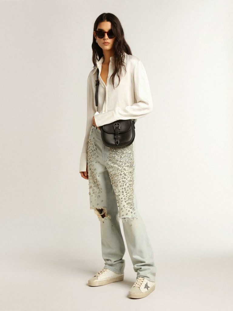 Women Golden Goose Hi Star White Women’s Hi Star With Silver Glitter Star And Dove-Gray Nubuck Heel Tab - 3