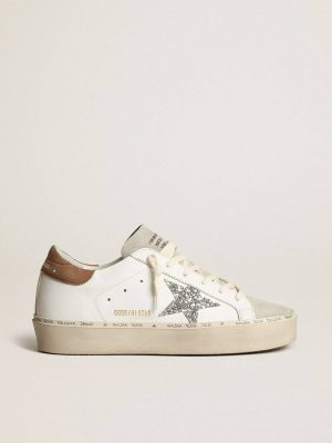 Women Golden Goose Hi Star White Women’s Hi Star With Silver Glitter Star And Dove-Gray Nubuck Heel Tab - 1