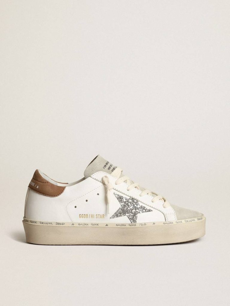 Women Golden Goose Hi Star White Women’s Hi Star With Silver Glitter Star And Dove-Gray Nubuck Heel Tab - 1