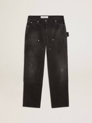 Women Golden Goose Jeans & Pants Women's Distressed Black Cotton Jeans With Front Patches Black - 1