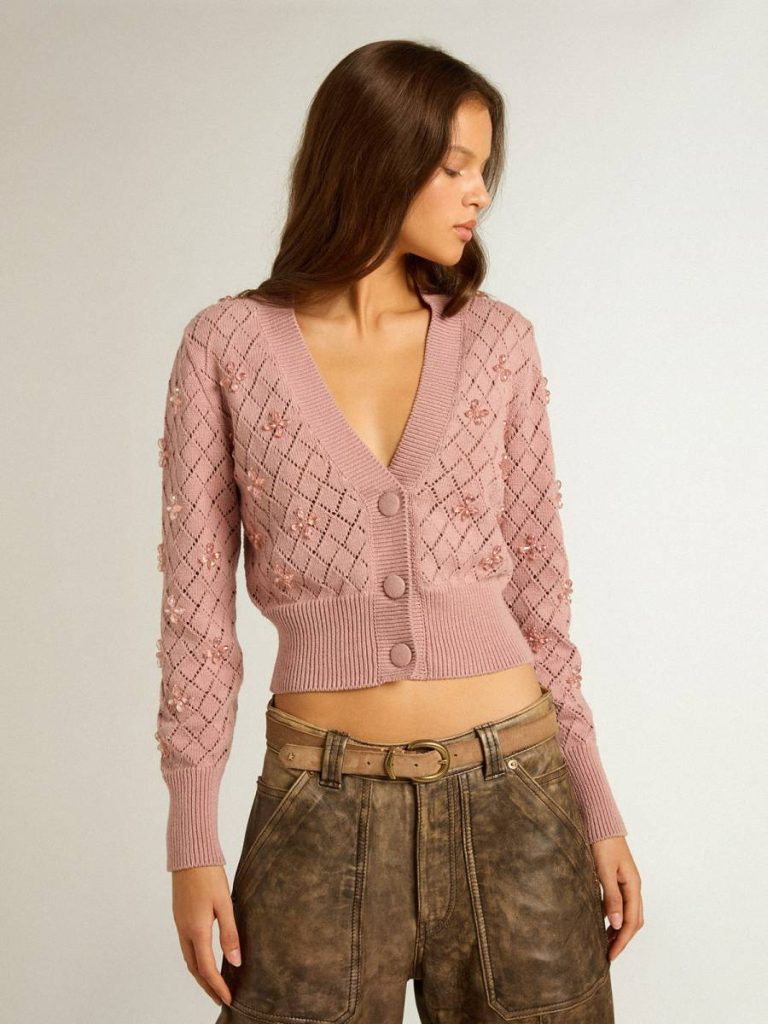 Women Golden Goose Openwork Cotton Cropped Cardigan With Decorative Crystals Knitwear Mauve - 2