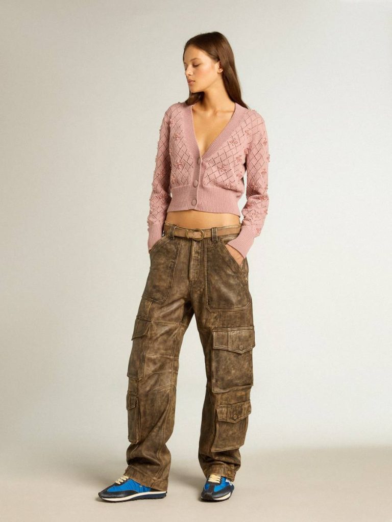 Women Golden Goose Openwork Cotton Cropped Cardigan With Decorative Crystals Knitwear Mauve - 3