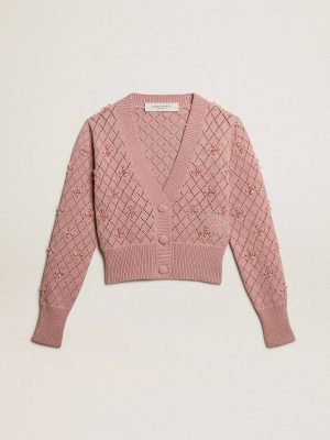 Women Golden Goose Openwork Cotton Cropped Cardigan With Decorative Crystals Knitwear Mauve - 1