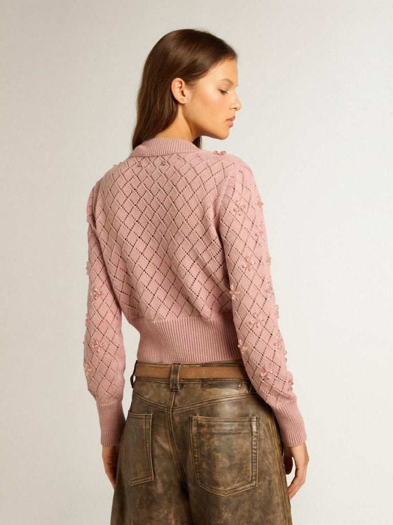 Women Golden Goose Openwork Cotton Cropped Cardigan With Decorative Crystals Knitwear Mauve - 4