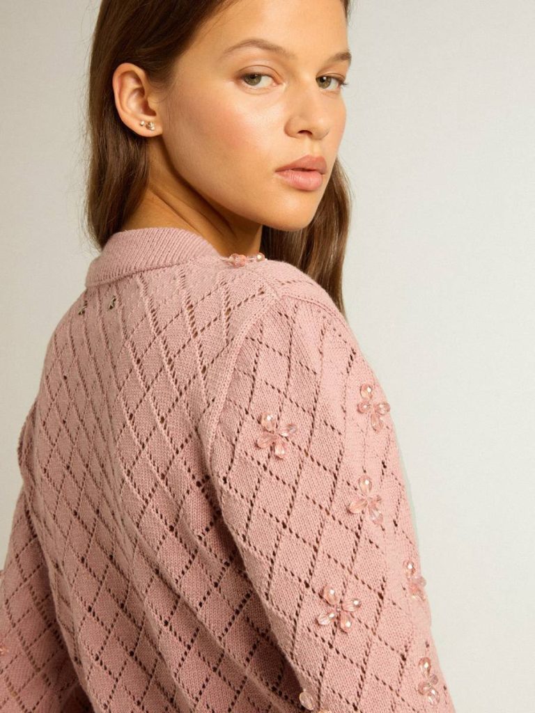Women Golden Goose Openwork Cotton Cropped Cardigan With Decorative Crystals Knitwear Mauve - 5