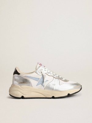Women Golden Goose Running Sole Running Sole In Nylon And Silver Metallic Leather With Light Blue Star - 1