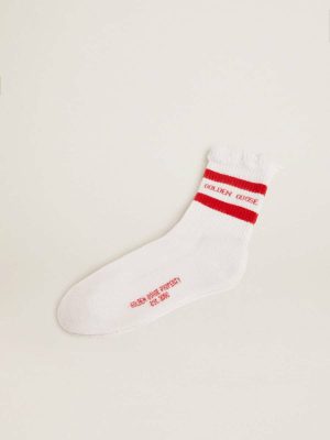 Women Golden Goose Socks White Socks With Distressed Details And Red Stripes White - 1